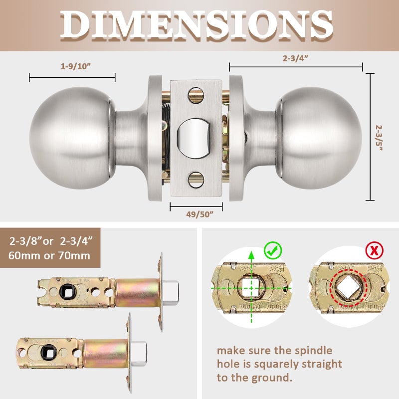 Probrico(6 Pack Hall/Closet Room Round Door Knob,Passage Function for Hall/Closet,Interior Door Door Lock Handle Satin Nickel Finish, Keyless(Non-Locking Knobs) Interior Door Handles Locks - Image 5